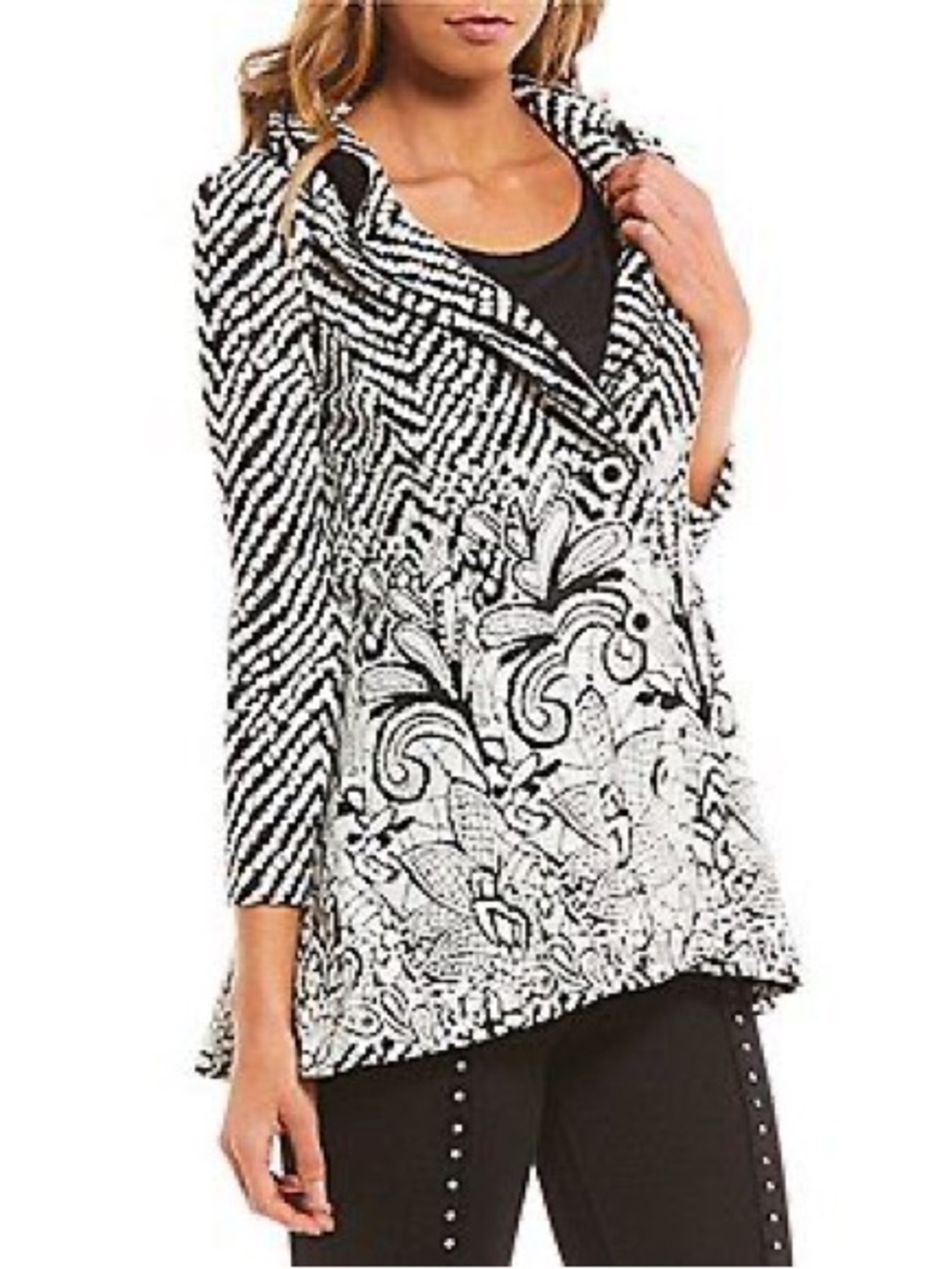 Ali Miles L Black White Chevron Floral Ruffle Collar Art to Wear Jacket